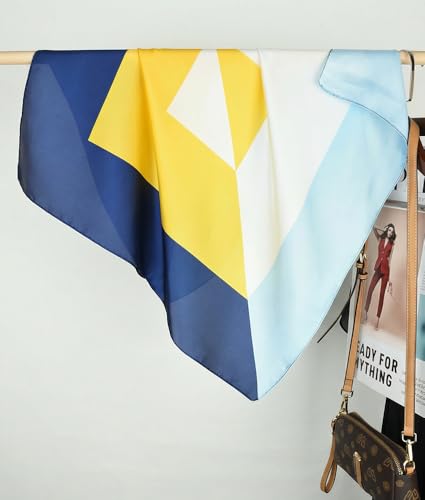 corciova Women’s Square Scarf 27.5 in (70 x 70 cm), Satin-Feel Polyester, Lightweight Fashion Scarf for Hair, Neck and Bag - color: Geometric (Navy Blue / Sky Blue / Yellow / White)