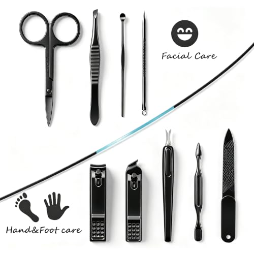 HANTEKAS Manicure Set 9 in 1 Stainless Steel, Nail Clippers Scissors Pedicure Tools Kit - Portable Travel Grooming Kit for Men and Women with Black/Blue Leather Case (Blue) - color: Blue