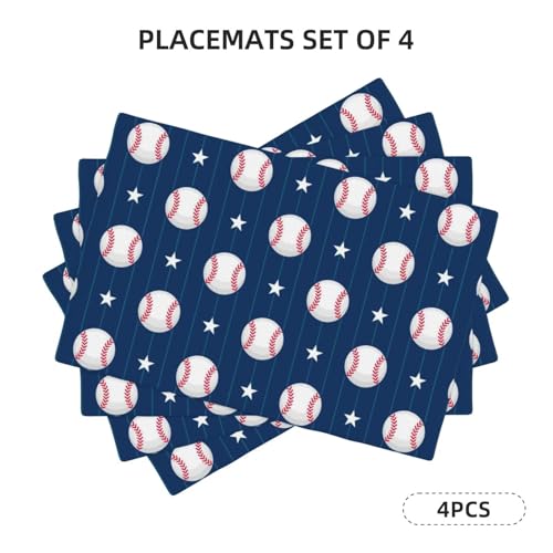 Baseball Theme Placemats Rectangle Linen Table Placemet Set of 4 - color: Blue White, size: Set of 4