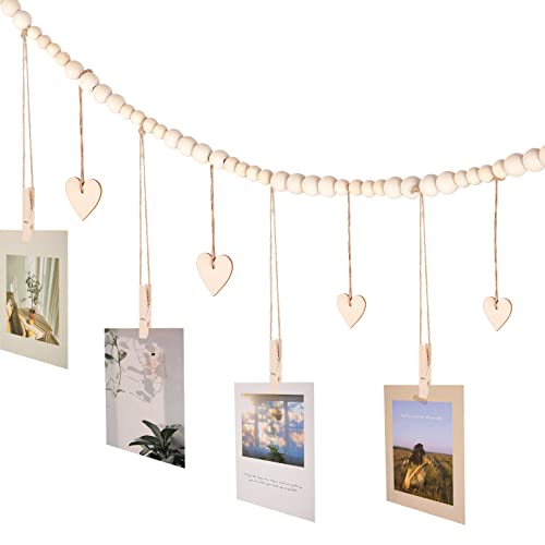 KLOGTSIND Hanging Photo Display with Clips, Wood Bead String Photo Banner