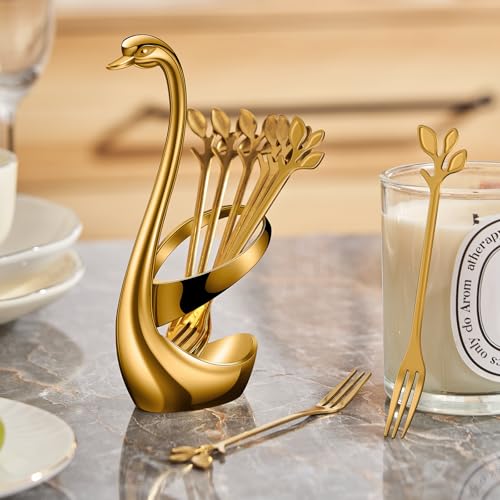 AnSaw Gold Swan Base Holder Set with 10-pcs Mini Leaf Dessert Forks-4.7" - color: Gold Swan