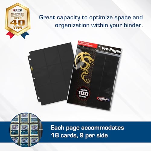 BCW Double-Sided 9-Pocket Pages Holder - 10 Black Pages | Trading Card Binder Sheets | Secure Side Loading | Ideal Card Storage and Display Solution - color: Black