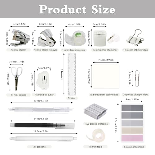 Mini Office Supply Kit, Mini Stapler with Staples and Tape Dispenser Set, Mini Stationary Kit Includes Sticky Notes Index Tabs Gel Pens for Office & School (Transparent) - color: Transparent