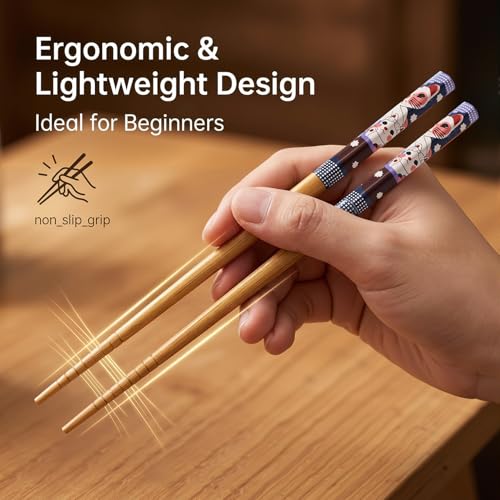 5-Pair Bamboo Chopsticks Set with 5 Ceramic Lucky Cat Rests, Gift Set