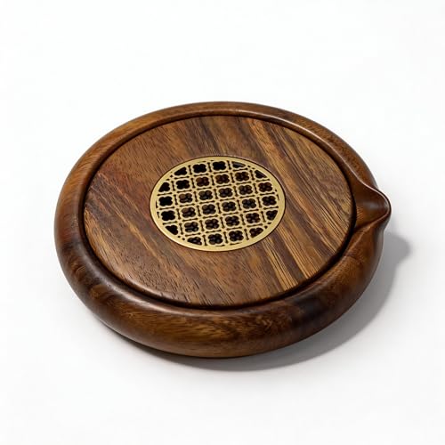 Walnut Wood Tea Tray with Brass Grid Lid - Round Serving Tray for Gongfu Tea, Elegant Tea Service Board for Home & Office