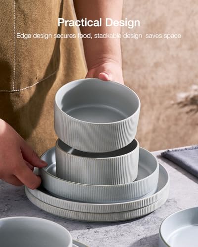 Famiware Star Stoneware Dinnerware Sets for 8, Reactive Glaze Plates, Bowls - color: Matte Gray