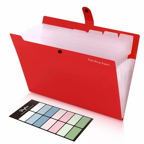 SKYDUE 8 Pockets Expanding File Organizer, Expandable File Folders with Pockets, Portable Document Paper Organizer, A4 Letter Size Filing Folder, Snap Closure, Red - color: Red-cm