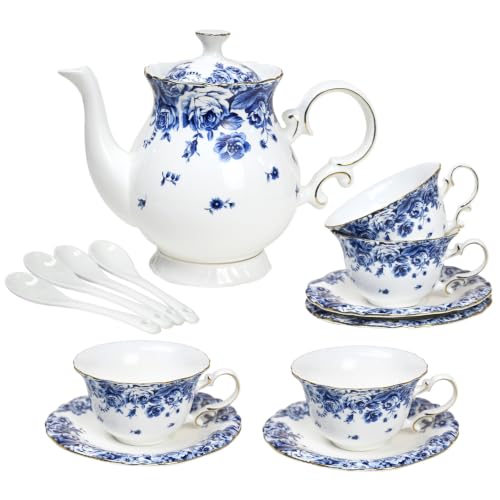 Bone China Tea Set for Adults, 13-Piece Blue and White Porcelain Tea Set for 4, Vintage Floral Tea Set With Teapot and Teaspoons, Tea Party Sets for Women Gift (Blue C) - color: Blue C