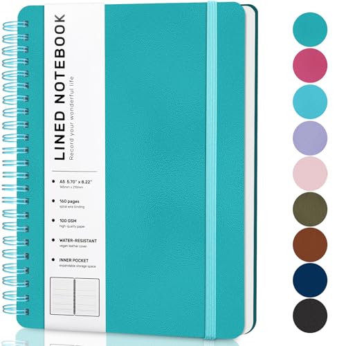 Lined Spiral Journal Notebook, A5 Hardcover Leather Notebook for Work, 5.7''×8.2'', 100GSM Thick Paper Spiral Bound Journaling Notebooks for Women & Men Office School Note Taking Business, Lake Blue - color: Lake Blue, size: A5