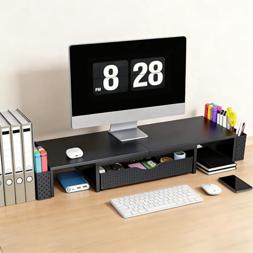 Spacrea Dual Monitor Stand Riser with Drawer and 2 Pen Holders - color: Black