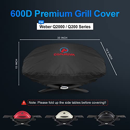 Comnova Grill Cover for Weber Q Series - 7111 BBQ Cover for Weber Q2000 and Q200 Series Gas Grill Heavy Duty & Waterproof, 33 Inch Barbecue Cover for Weber Q2200, Q2000, Q2400, Q200, Q220 and More - color: Premium Black - Tabletop Q2000 & Q200