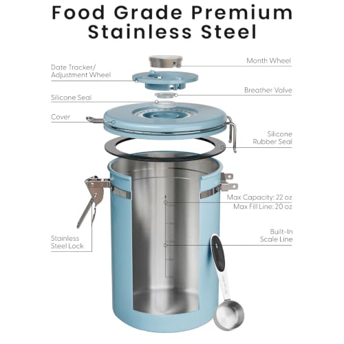 Veken Coffee Canister with Window, Airtight Stainless Steel Container, 22OZ - color: Light Blue, size: 22 oz