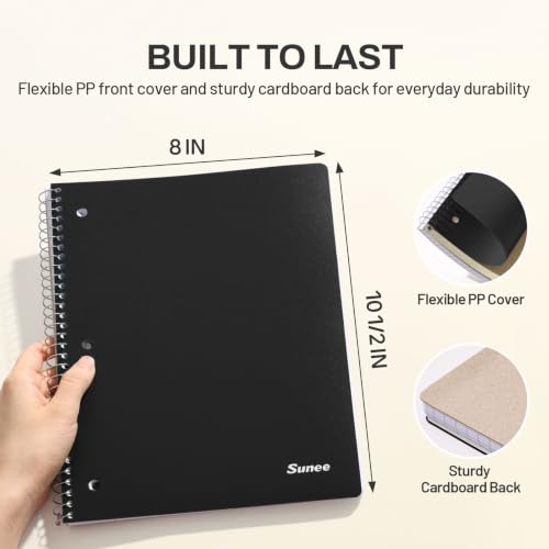 SUNEE Spiral Notebook, 1-Subject, Graph Ruled Paper, 8" x 10-1/2", 100 Sheets per Notebook, 3-Hole Punched Paper, Water Resistant Cover, Spiral Grid Notebooks for Work, Home, School, Writing, Black - color: Black