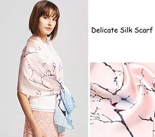 ANDANTINO 100% Silk Long Scarf-Women Large Oblong Shawls with Gift Packed - color: Blue&pink Branches
