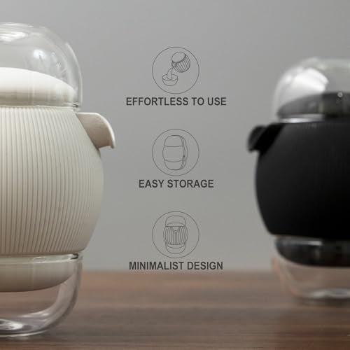 All-in-One Portable Travel Tea Kit, Ceramic Teapot with Removable Infuser, 2 High Borosilicate Glass Tea Cups, Non-Slip Silicone Sleeve & PU Leather Carry Pouch for Camping, Hiking, Office - color: Rhino Black