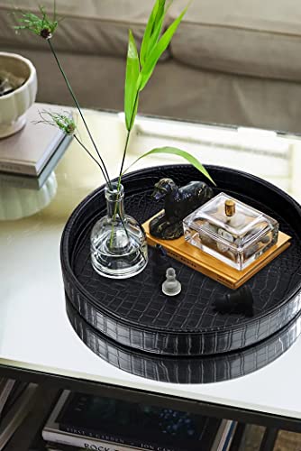 HofferRuffer Faux Leather Round Serving Tray, Vegan Croco Leather Decorative Tray, Food Tray for Storage Drinks, Snack & Cosmetics, Dia.12'' x 1.6'' (Black) - color: Black, size: 12"
