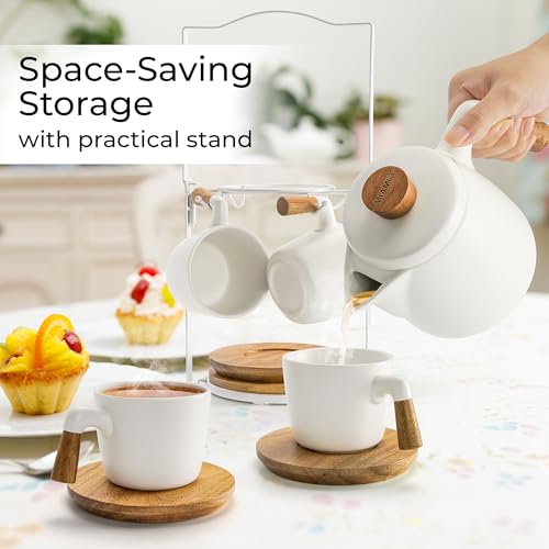 MIAMIO - Teapot Set with 4 Cups & Rack (34/10 oz) with Infuser (White) - color: White