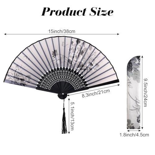 2 Pcs Handheld Folding Fans with Tassel Chinese Folding Fan for Women Silk Bamboo Hand Held Fan with Fabric Sleeve for Dancing Wedding Decoration