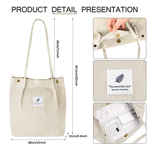 Ayieyill Corduroy Tote Bag for Women Canvas Shoulder Cord Purse with Inner Pocket - color: Beige