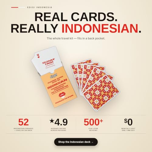 Lingo Indonesian Playing Cards | Indonesian Culture & Language Learning Flashcards for Adults | 52 Bahasa Indonesia Phrases with Pronunciation | Fun Gift for Bali & Indonesia Travelers