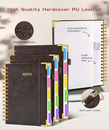 Hardcover Spiral Notebook 8.5"x11" Journal with Removable Dividers Tabs, 300 Pages Leather 5 Subject Notebook College Ruled, Large A4 Notebooks for Work School, Lined Journal for Women, A4 Brown - color: Brown, size: 8.5"x11"