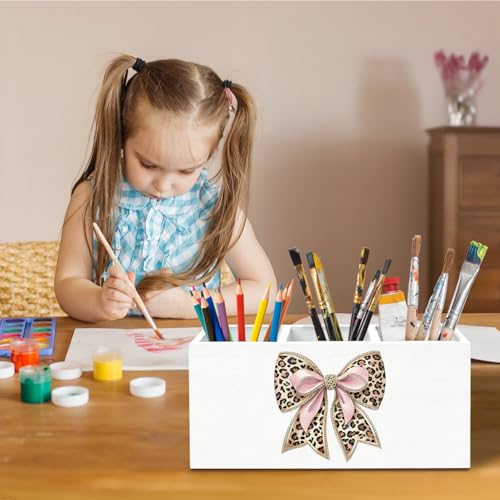 Coquette Pink Leopard Bow Pen Holder for Desk, Preppy Girly Pencil Organizer, Trendy Cheetah Print Bow Wooden Box Sign Desk Decor for Girls Bedroom Dorm Home Office Decoration - color: Leopard Bow