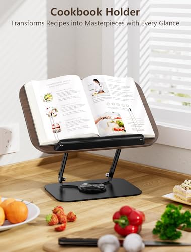 Book Stand for Reading, Adjustable Book Holder with 360° Rotating Base Foldable & Portable Cookbook Stand with Elastic Page Clip for Kindle Office Kitchen Recipe School Textbook Magazine Tablet Laptop
