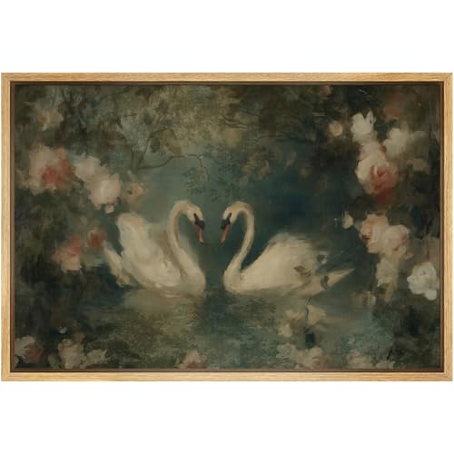 SIGNFORD Framed Canvas Print Wall Art Romantic Swan Pair in Garden Vintage Floral Lake Scene Illustrations Modern Art Decorative Boho Relax/Zen for Living Room, Bedroom, Office - 24x36 Natural - color: B08-2508-M25, size: 36"L x 24"W