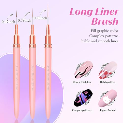Liner Brush for Nails, 5 Pcs Thin Nail Art Brushes - color: Pink2