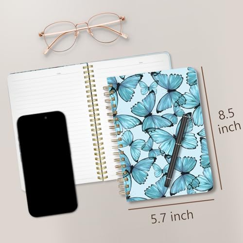 Cute Spiral Notebook Journal A5 6x9 Note Book with Pocket, Blue - color: Blue Butterfly