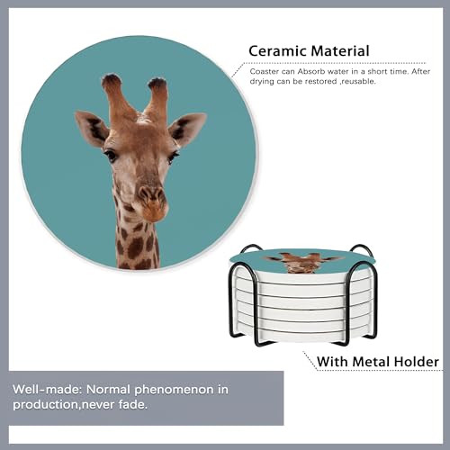 6 Pcs Coasters for Drinks with Holder,Funny Giraffe Absorbent Coaster with Cork Backing,Great Gift for Housewarming,Room Decor,Bar,Holiday Party - color: Funny Giraffe