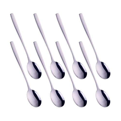 Metal Round Spoons, 8 inch Stainless Steel Reusable Long Handle Korean Soup Spoons, Table Dinner Desert Spoon Set of 8 - size: Silver