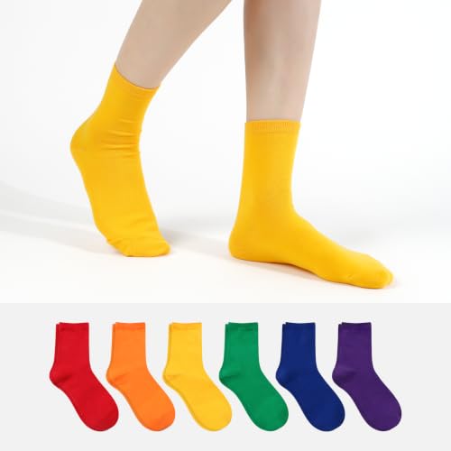 Womens Cotton Crew & Ankle Socks, Cute Floral Ruffle Colorful Tube Size 6-9 - color: Rainbow Solid