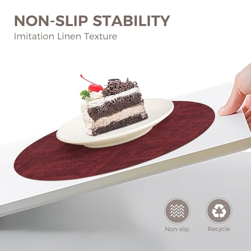 13" Round Placemats Set of 6, Reversible Faux Leather Wipeable Table Mats - color: Burgundy