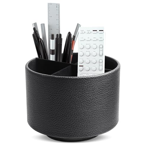 Round Leather Art Supply Organizer,Remote Control Holder,360 Degree Spinning,Multi-Functional Pencil Holder,4 Compartments Desktop Stationary Organizer(1-Lichee Black) - color: 1-Lichee Black