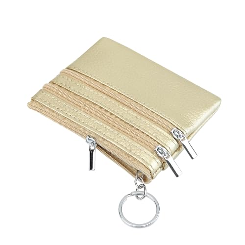 Women Genuine Leather Coin Purse Keychain Change Purse - color: Gold