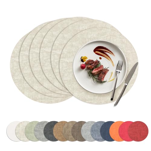 Placemats Set of 6, 15 Inch Round Faux Leather Place Mats - color: R-beige