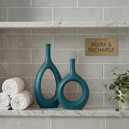 Green Ceramic Hollow Elliptical Vase Set of 2 - Boho Circle Vase with Hole, for Modern Green Table Decor, Living Room Decor Shelf mid Century Modern Home Entrance Decorative vase - color: Green