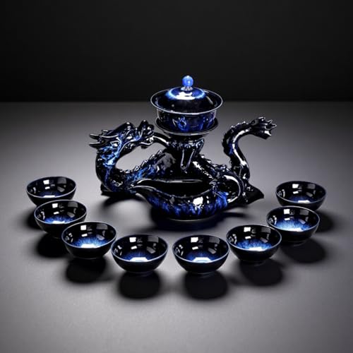 Chinese Gongfu Tea Set Ceramic Teapot with Infuser,8 Cups, Semi Automatic Dragon Design for Loose Leaf Tea - color: Gradient Dragon - A