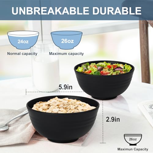 Ramen Bowl 26oz, Unbreakable Salad Bowls Sets of 6 - Black - color: Black, size: 26 oz