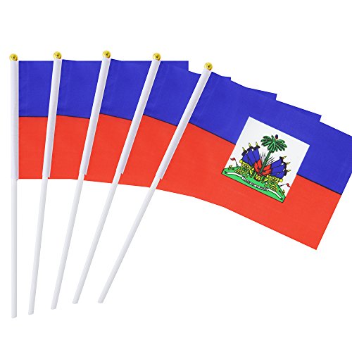 25 Pack Hand Held Small Mini Haiti Flag,Haitian Stick Round Top National Country Flags,Party Decorations Supplies For Parades,World Cup,Festival Events,International Festival. - color: Haiti