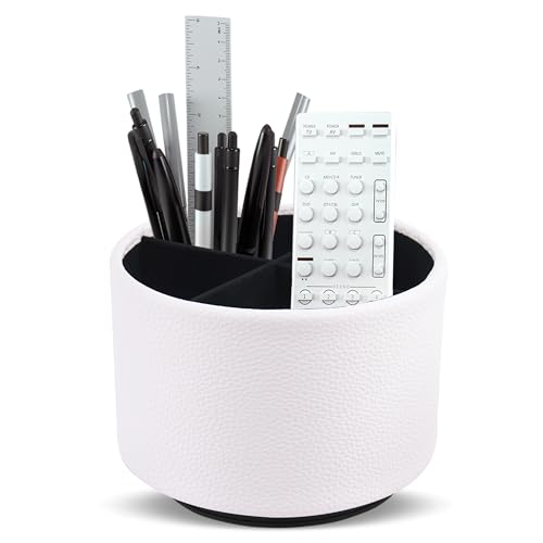 Round Leather Art Supply Organizer,Remote Control Holder,360 Degree Spinning,Multi-Functional Pencil Holder,4 Compartments Desktop Stationary Organizer(1-Lichee White) - color: 1-Lichee White