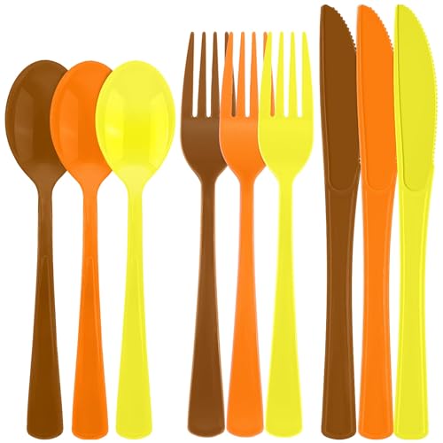 Kochorie 300 Pieces Thanksgiving Plastic Silverware Fall Heavy Duty Utensils Set Heavyweight Disposable Flatware Includes Orange Yellow Brown Spoons Forks Knives for Thanksgiving Dinner Party Supplies - color: Yellow, Orange, Brown