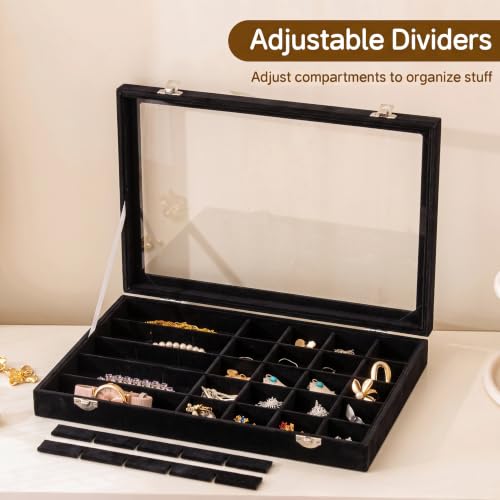 Frebeauty 35 Grid Earring Organizer,Velvet Jewelry Tray with Clear Lid - color: Black, size: 35 Grid