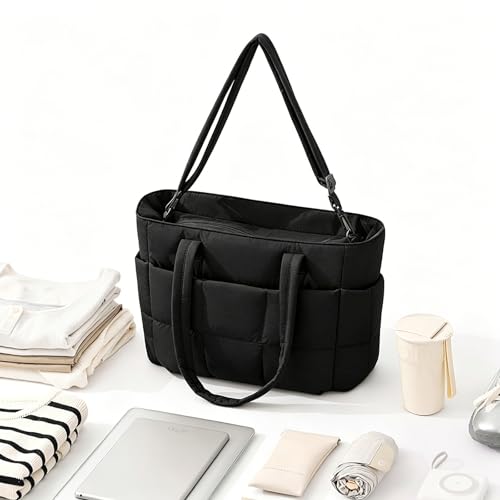 Puffer Tote Bag for Women, Quilted Multi-Pocket Lightweight Shoulder Bag for Work, Travel, Gym - color: Black