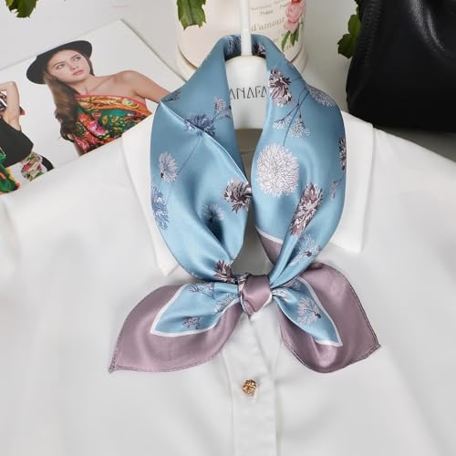 Women 100% Mulberry Silk Neck Scarf 21" Square Floral Neckerchief - color: Grey Blue Floral