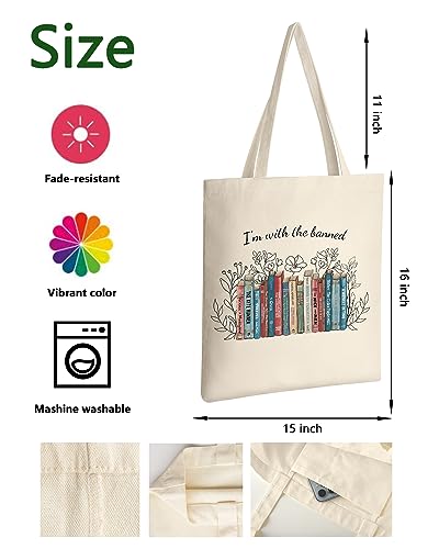 AUSVKAI Canvas Tote Bag Aesthetic Cute For Women College Grocery Bag Cotton Cloth Beach Totes Gift - color: I'm With Banned Book