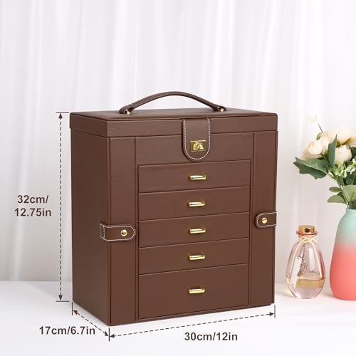 Kendal Extra Large Jewelry Box Jewelry Case PU Leather 6 Tier 5 Drawers Large Storage Capacity with Mirror Jewelry Storage Organizer Great Gift Also Good For Watches LJC-SHD5BN (Brown) - color: Brown, size: Extra-Large(12.7"x12"x6.7")