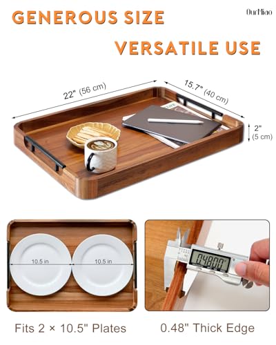 22-in Acacia Wood Ottoman Serving Tray with Handle, Rounded Corner