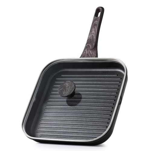 SENSARTE Nonstick Grill Pan with Lid, Grill Pan for Stove Tops, Versatile Griddle with Pour Spouts, Square Big Cooking Surface, Durable Skillet Indoor & Outdoor Grilling. PFOA Free, 11 Inch - color: Classic Black, size: 11 Inch